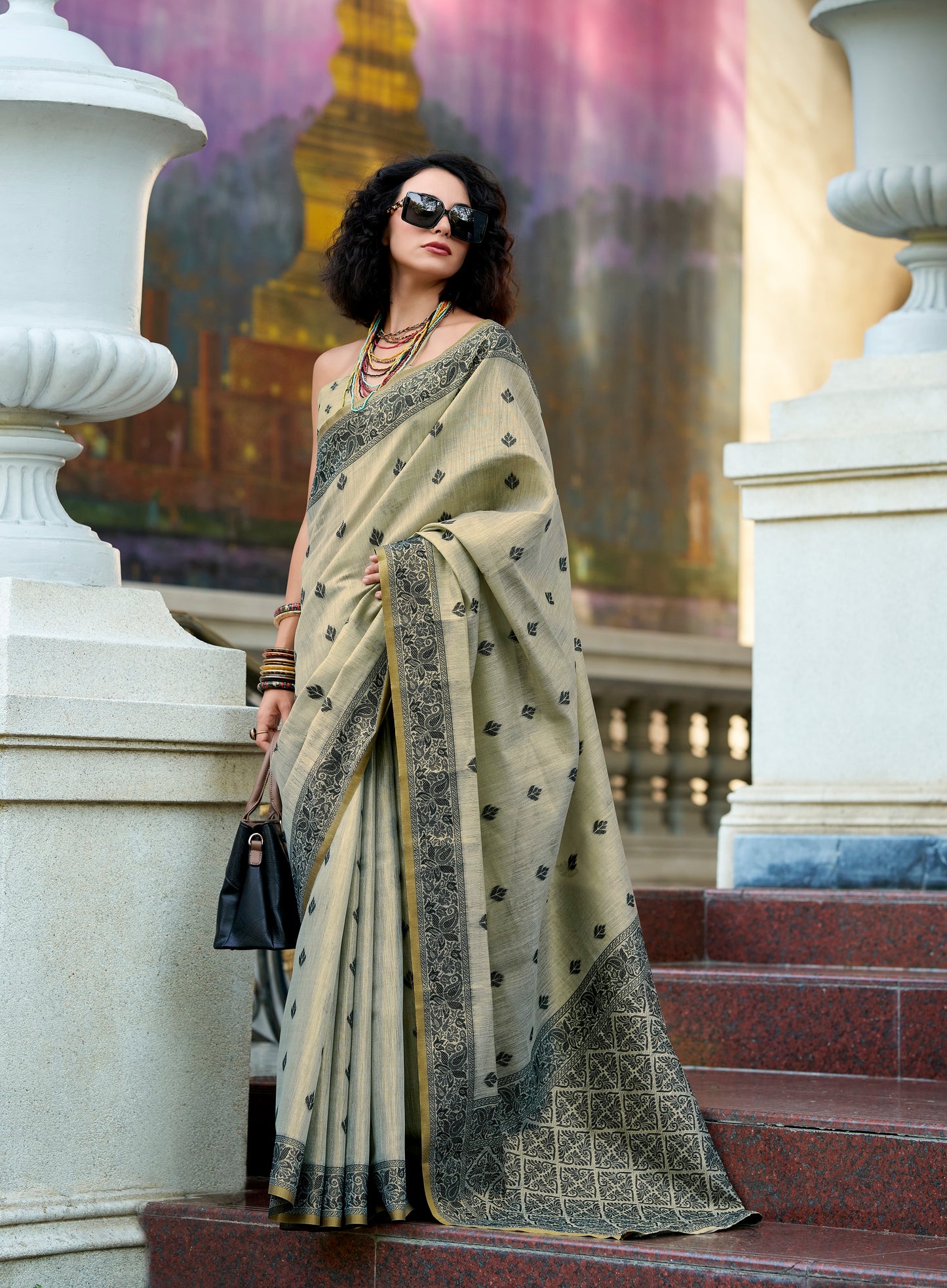 Sage green Linen Tissue Readymade/Easy Saree