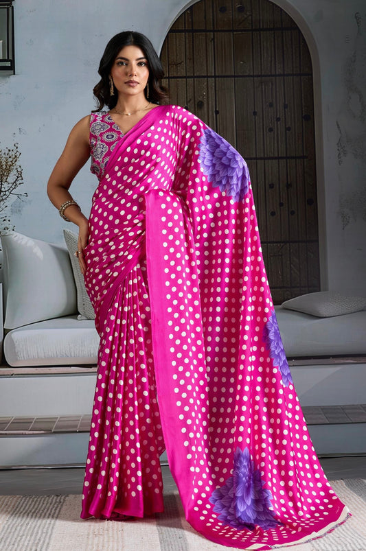Pink Crepe Silk Readymade/Easy Saree