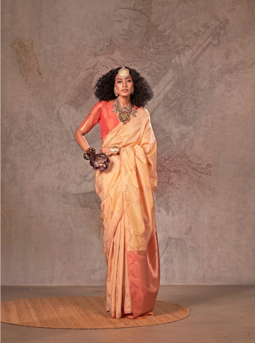 Apricot Gold Kanjivaram Silk Readymade/Easy Saree - Panaash Saree