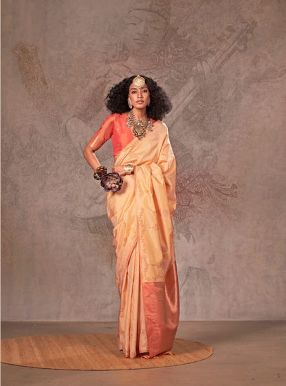 Apricot Gold Kanjivaram Silk Readymade/Easy Saree - Panaash Saree