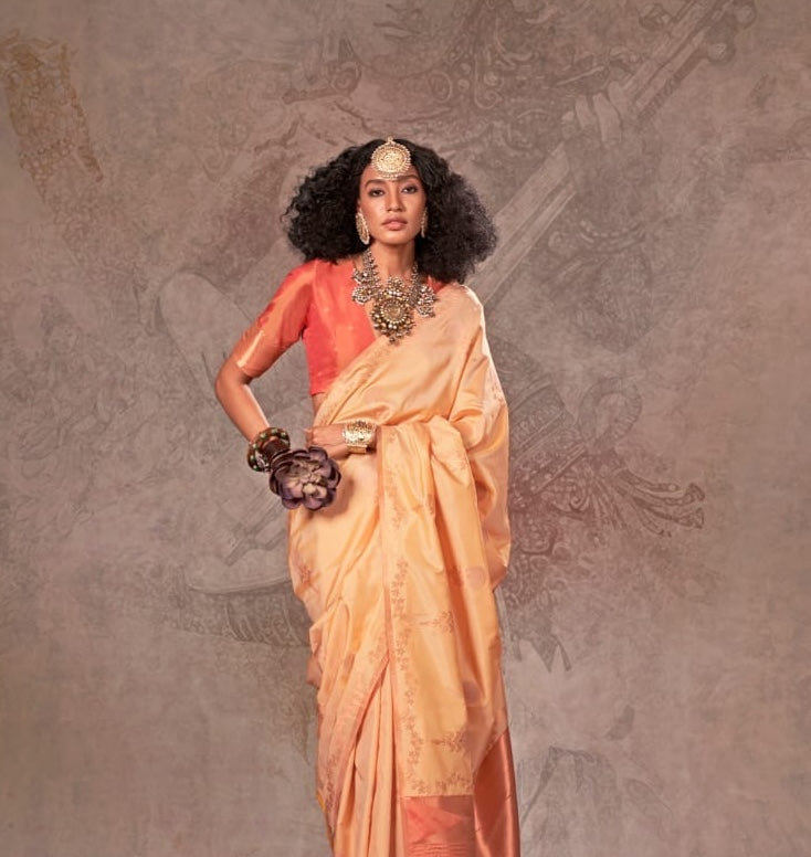 Apricot Gold Kanjivaram Silk Readymade/Easy Saree - Panaash Saree