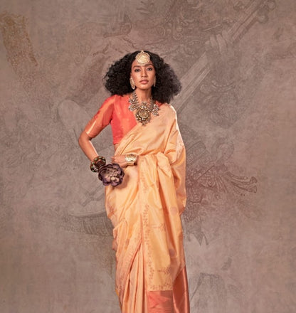 Apricot Gold Kanjivaram Silk Readymade/Easy Saree - Panaash Saree