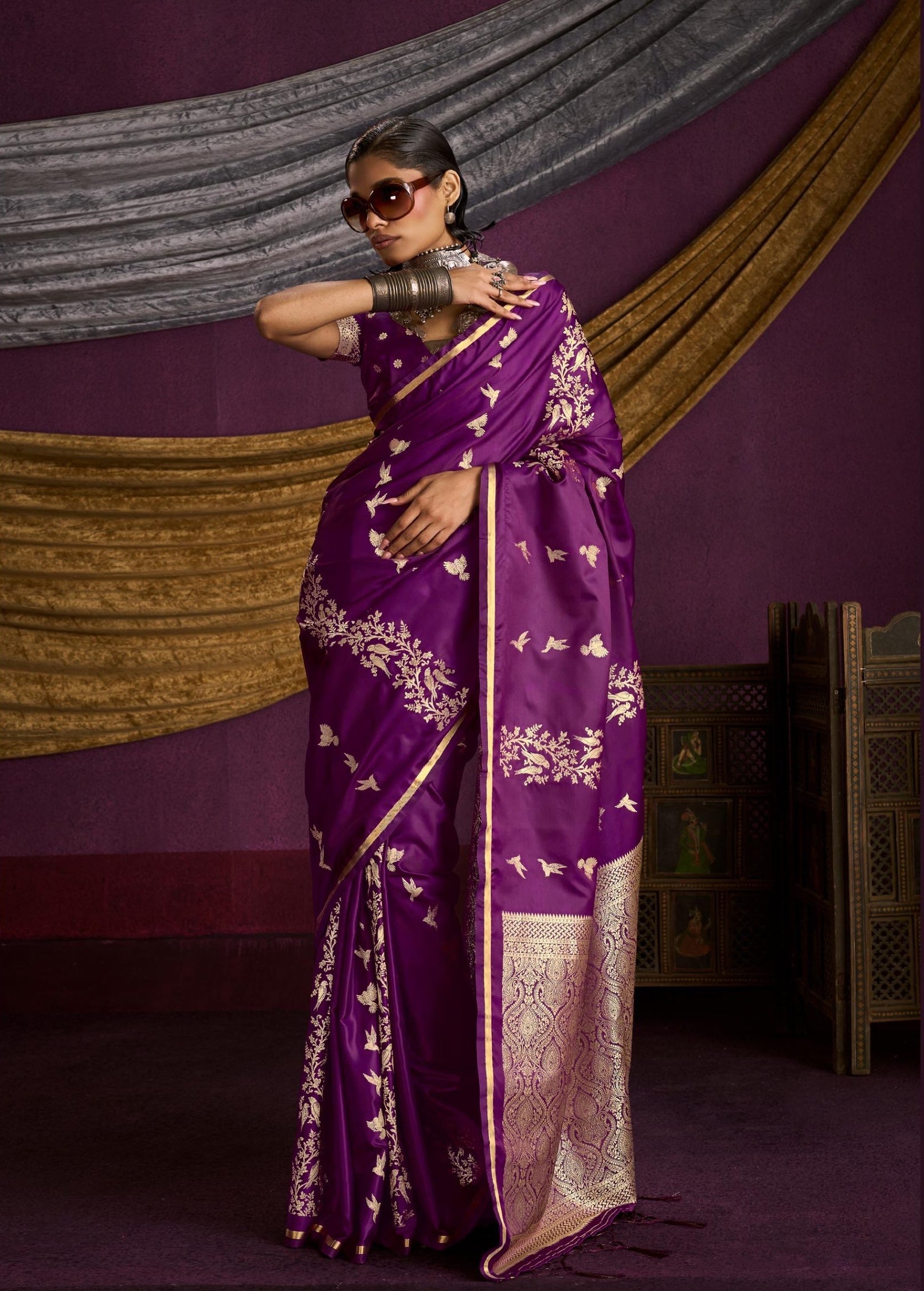 Magenta Satin Silk Readymade/Easy Saree - Panaash Saree