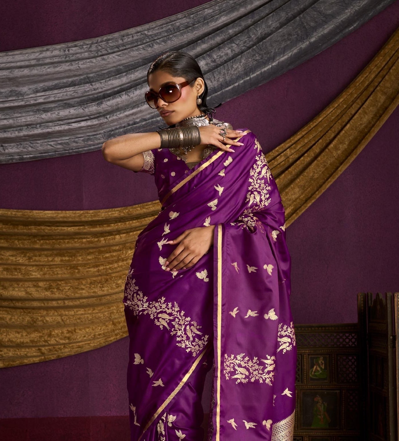 Magenta Satin Silk Readymade/Easy Saree - Panaash Saree