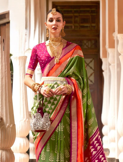 Green Patola Silk Readymade/Easy Saree