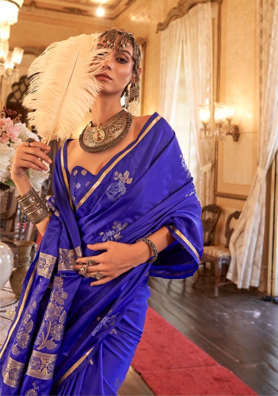 Indigo Blue Satin Silk Ready To Wear/Easy Saree