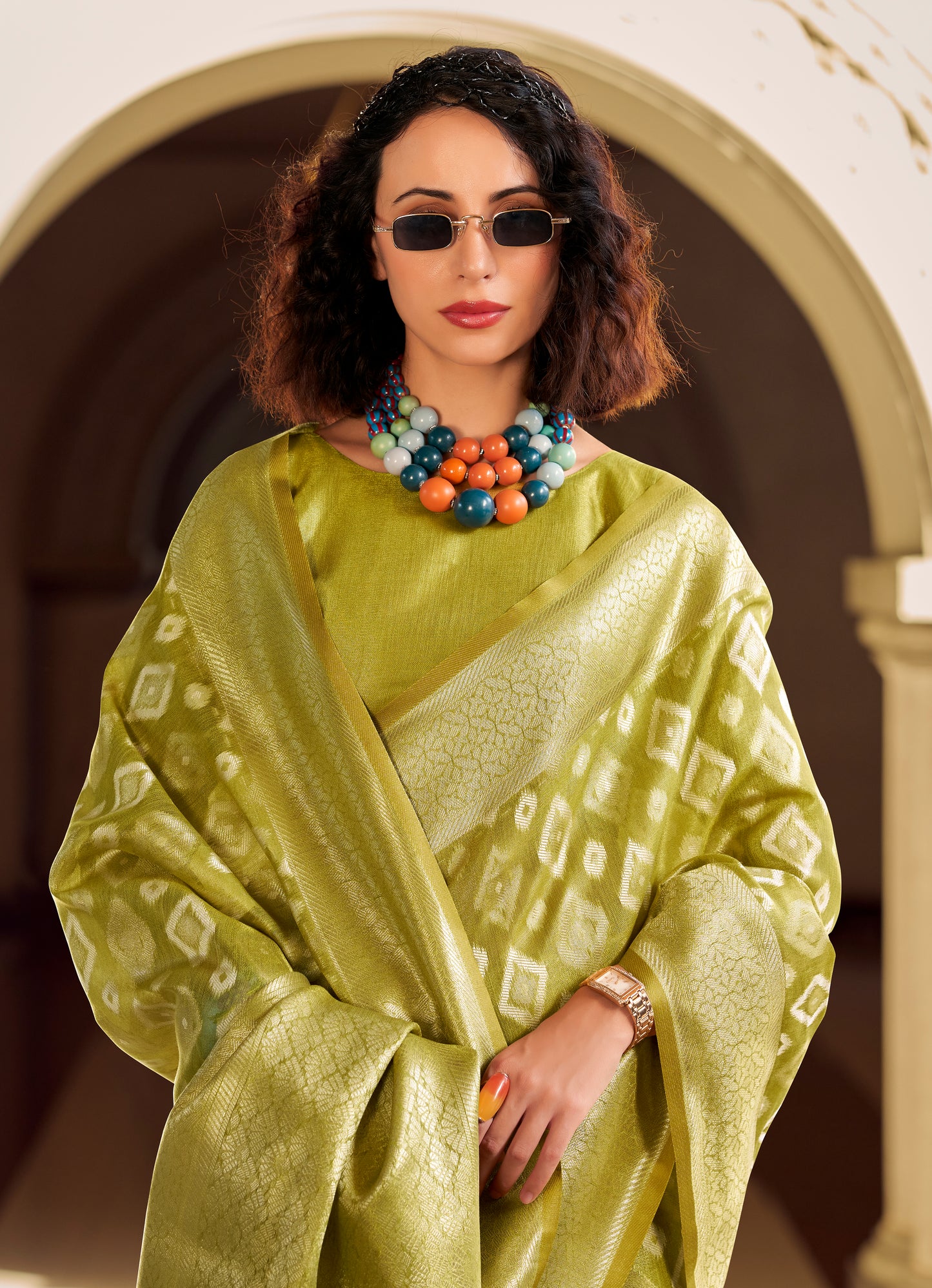 Green Tissue Silk Readymade/Easy Saree