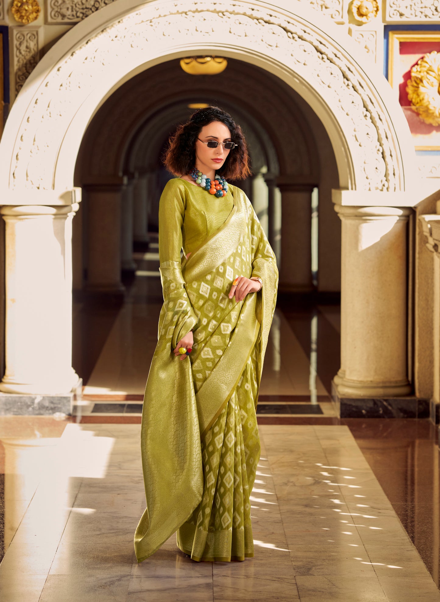 Green Tissue Silk Readymade/Easy Saree