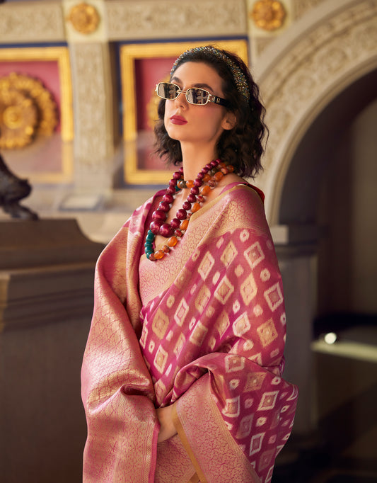 Pink Tissue Silk Readymade/Easy Saree