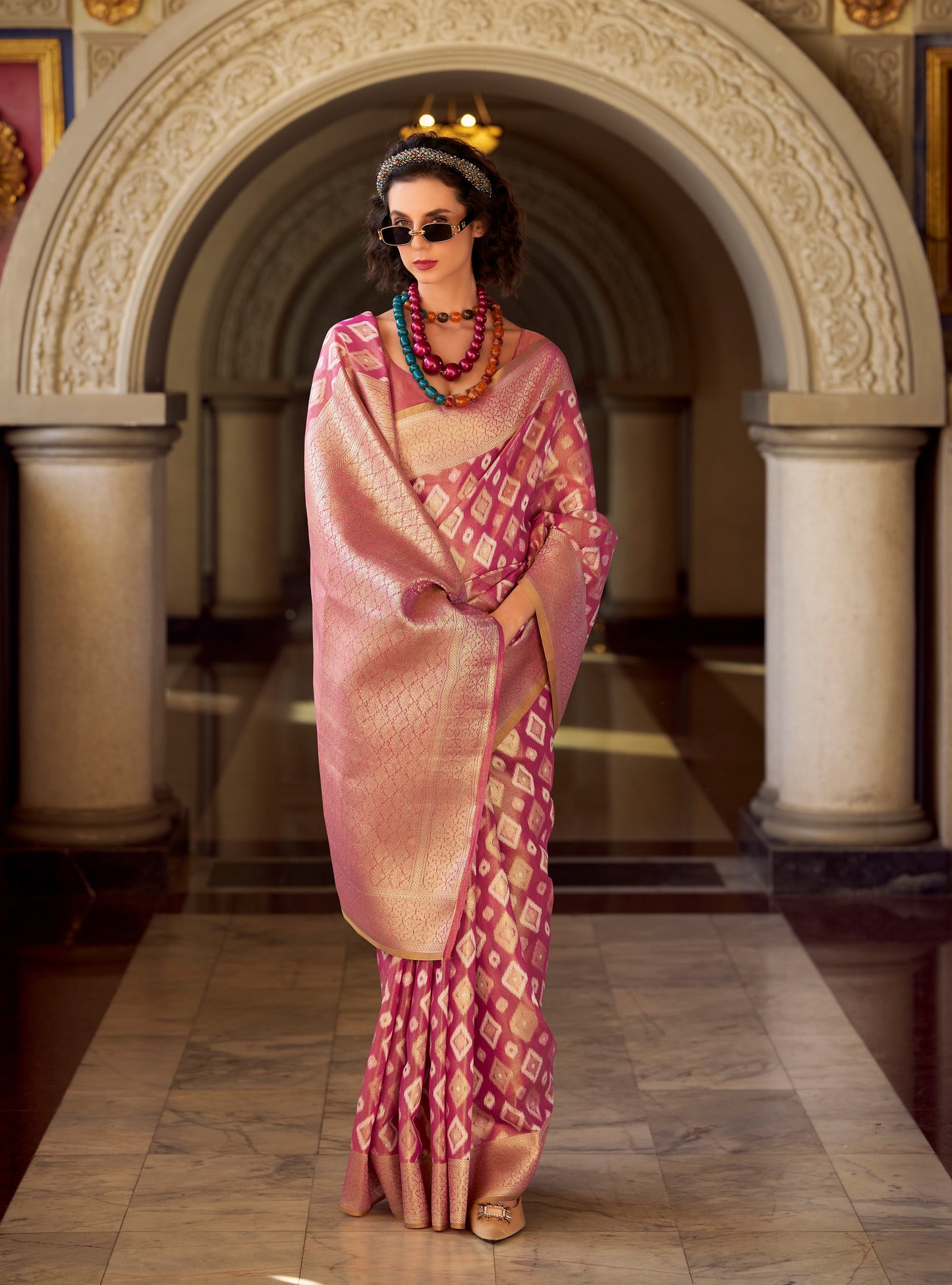 Pink Tissue Silk Readymade/Easy Saree