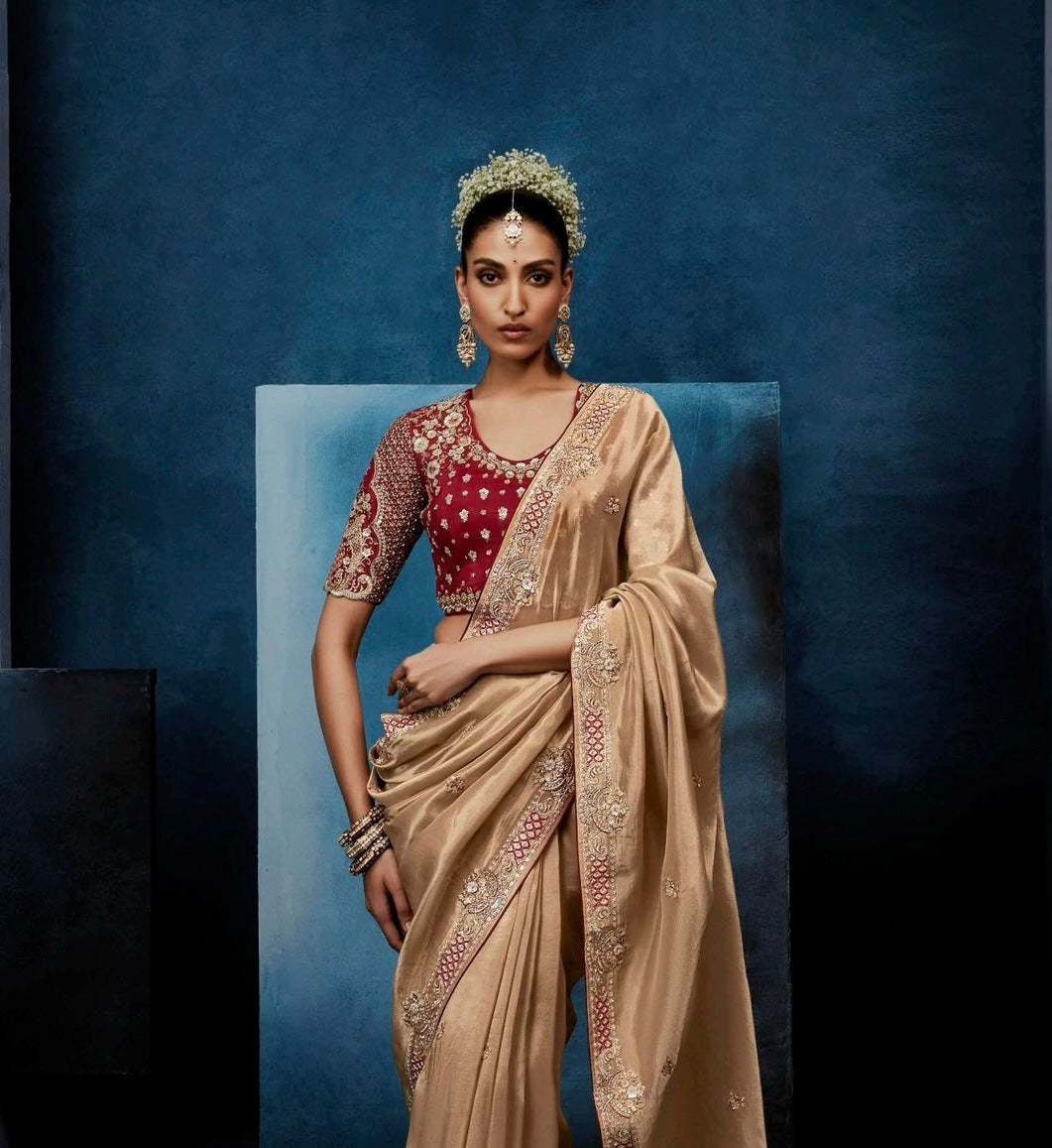 Golden Beige Tissue Silk Ready to wear/Easy Saree - Panaash Saree