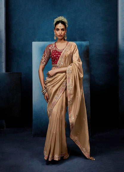 Golden Beige Tissue Silk Ready to wear/Easy Saree - Panaash Saree