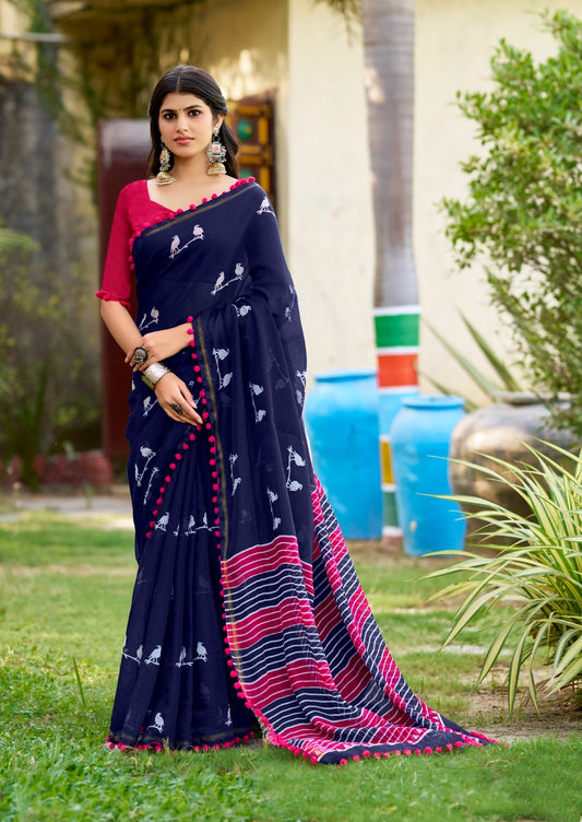 Blue Mul Mul Cotton Easy/Readymade Saree