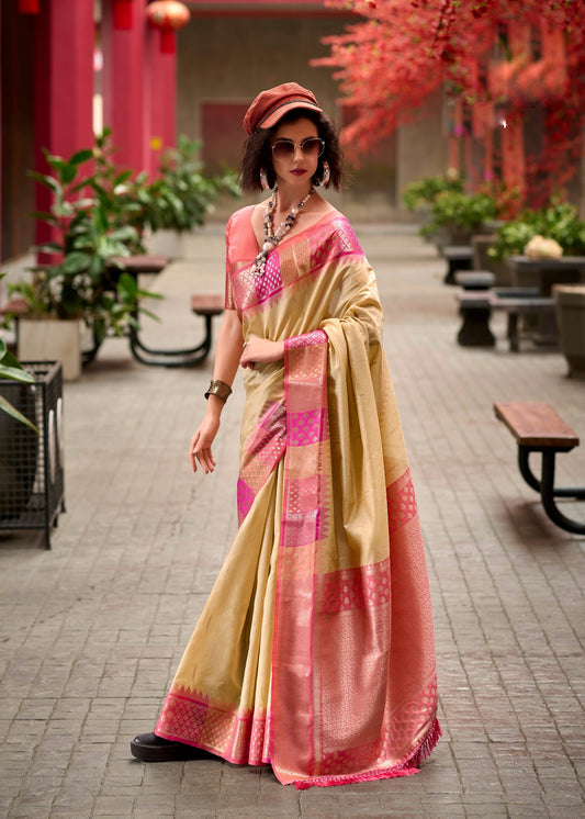 Cream Color Banarasi Silk Readymade/Easy Saree