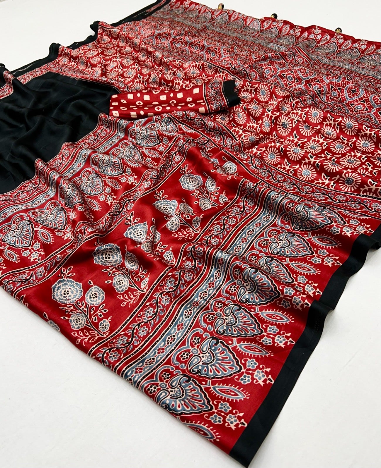 Black & Red Crepe Silk Readymade/Easy Saree - Panaash Saree