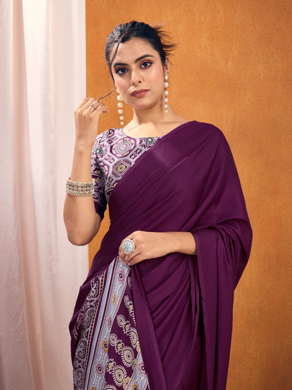Plain Magenta – Readymade Ajrakh Saree
