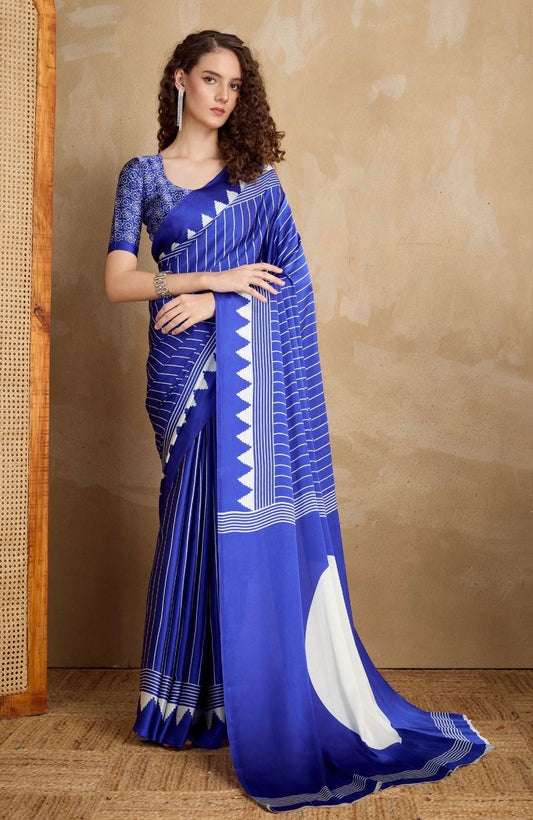 Blue & White Crepe Silk Readymade Saree