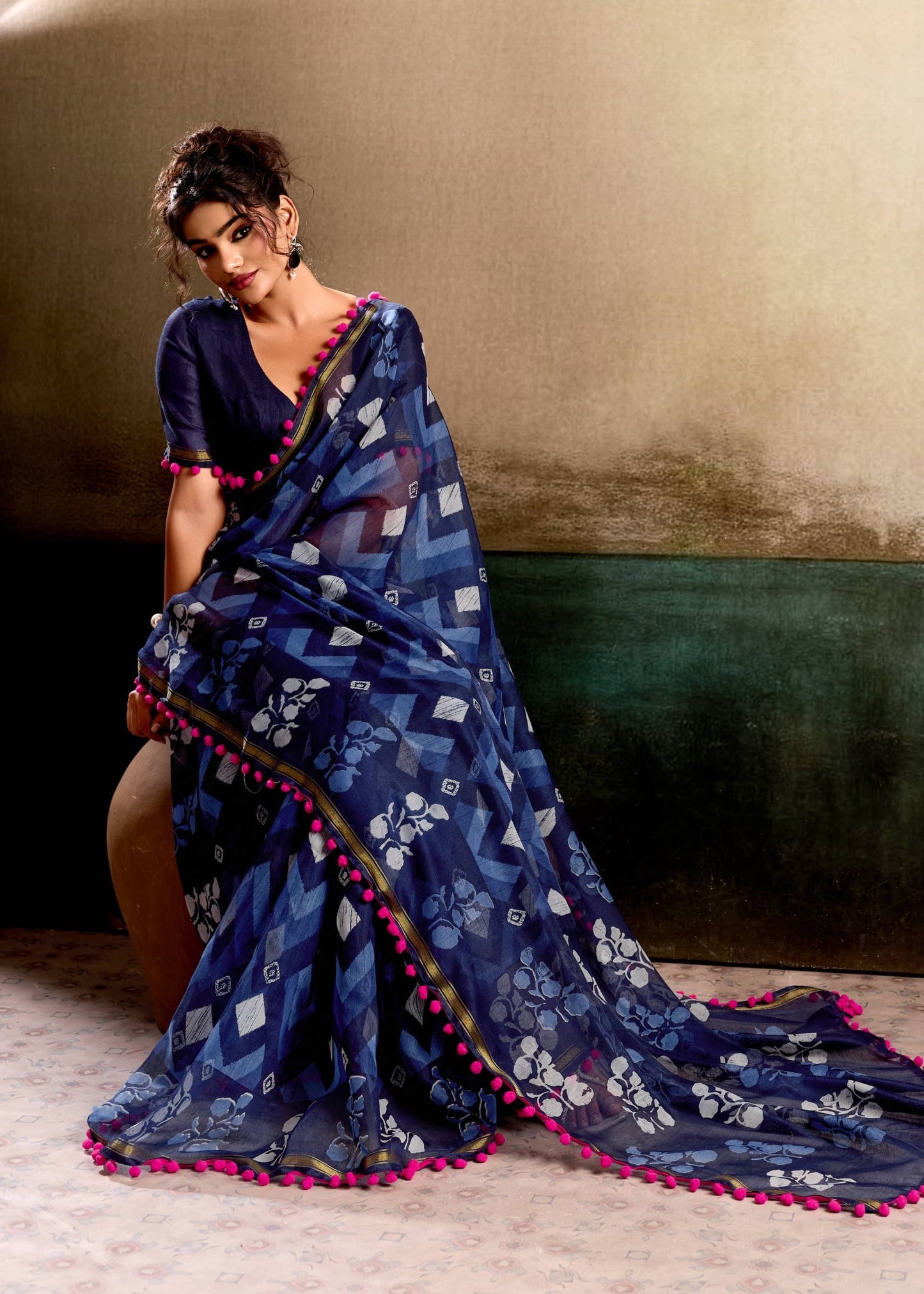 Navy Blue Mul Cotton Ready To Wear/Easy Saree
