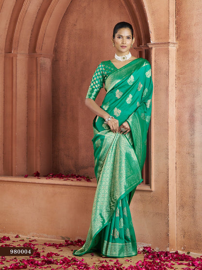 Green Color Banarasi Silk Readymade/Easy Fancy Saree