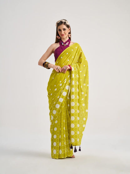 Green Polka Dot Georgette Readymade/Easy Saree