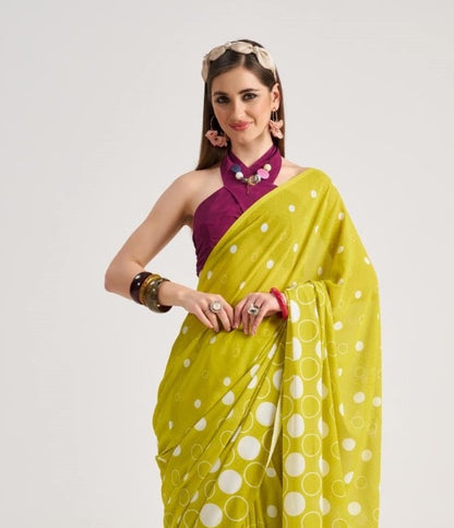 Green Polka Dot Georgette Readymade/Easy Saree