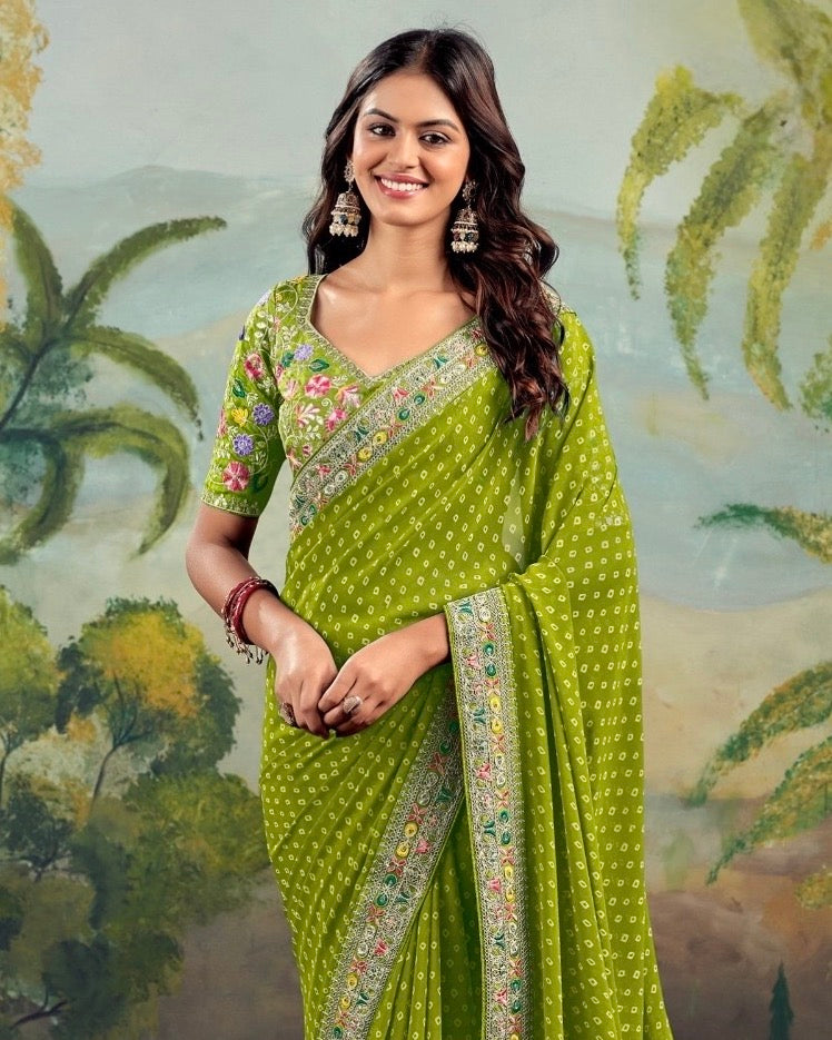 Green Georgette Readymade/Easy Saree