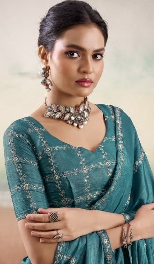 Turquoise Georgette Readymade/Easy Saree - Panaash Saree