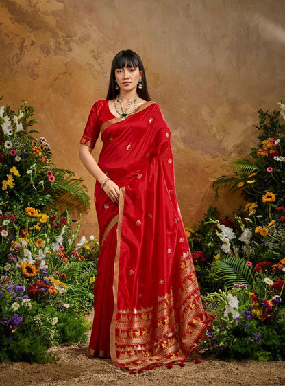Red Munga Silk Ready To Wear/Easy Saree by Stylebyanaash