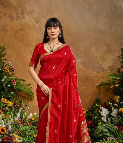 Red Munga Silk Ready To Wear/Easy Saree by Stylebyanaash
