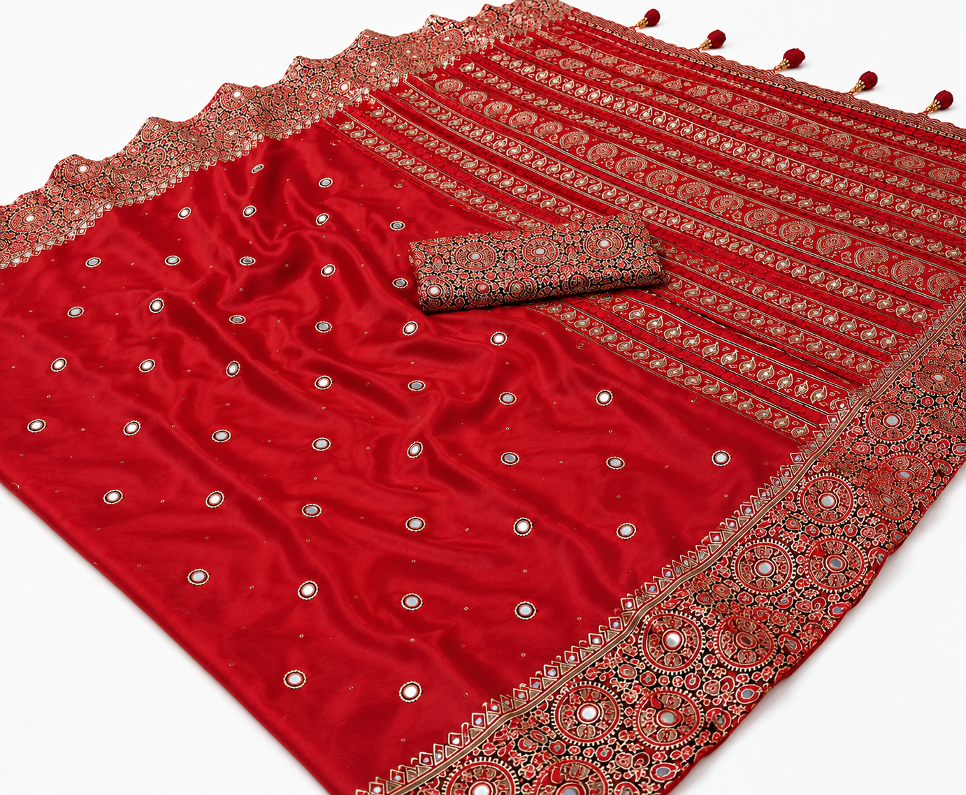 Red Mirror Ajrakh Crepe Ready To Wear/Easy Saree by Stylebypanaash 