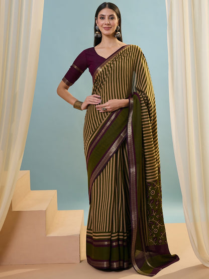Olive Striped Mul Cotton Ready To Wear/Easy Saree