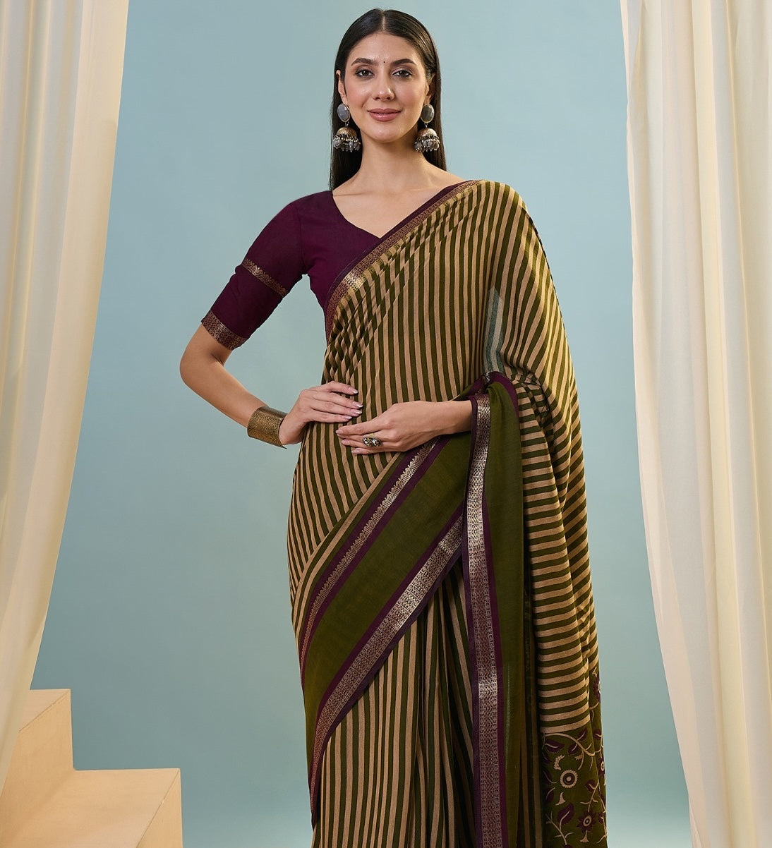 Olive Striped Mul Cotton Ready To Wear/Easy Saree