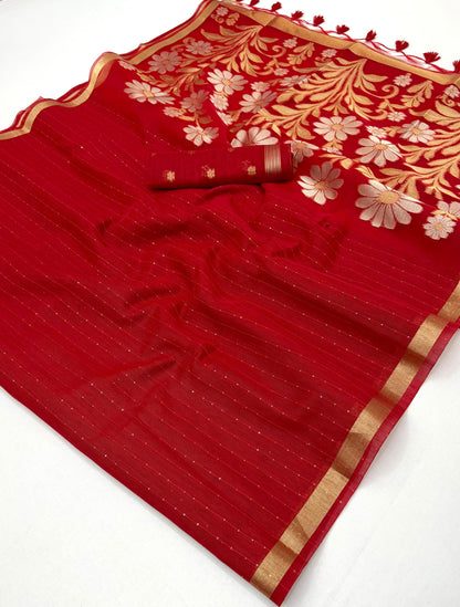 Red Munga Silk Readymade/Easy Saree - Panaash Saree