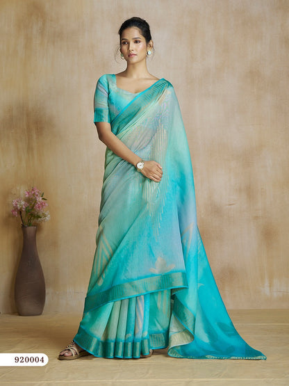 Turquoise Tone Digital Print Silk Readymade/Easy Saree