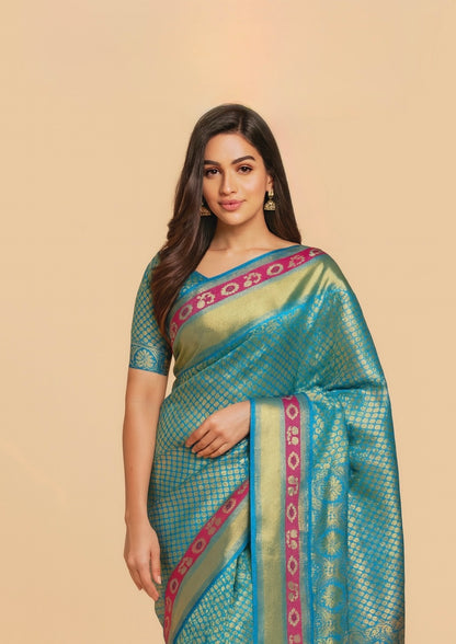 Turquoise Pure Kanchipuram Silk Readymade/Easy Saree