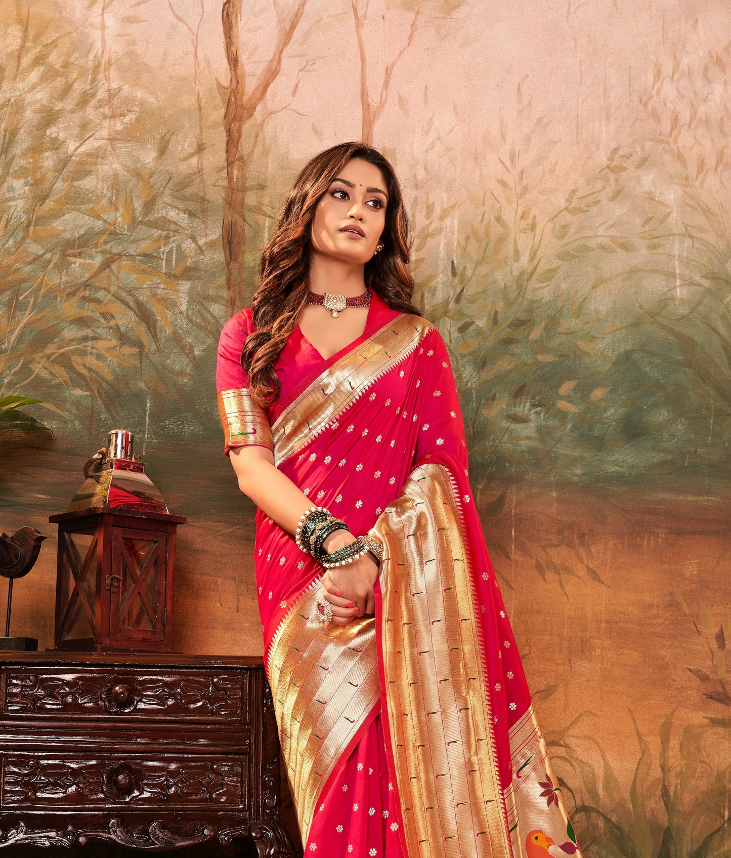 Rose red Paithani Silk Readymade/Easy Saree