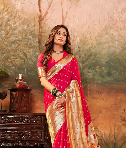 Rose red Paithani Silk Readymade/Easy Saree