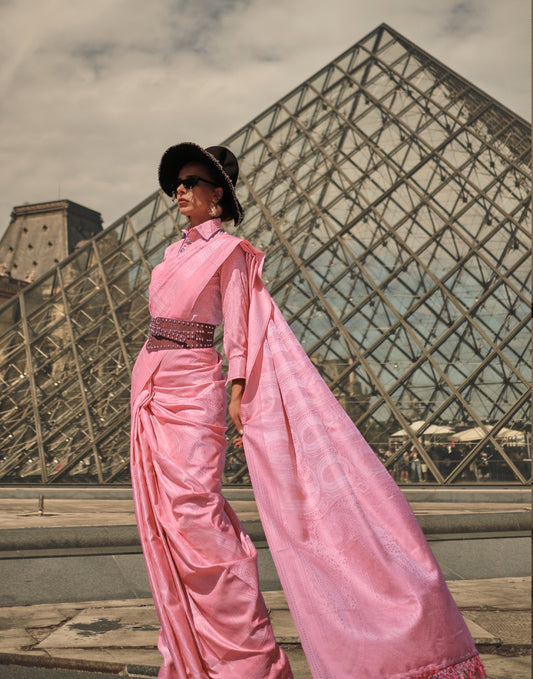 Plus Size Pink Color Kanjivaram Silk Readymade Saree