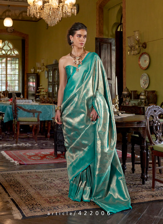 Turquoise Kanjivaram Silk Readymade/Easy Saree