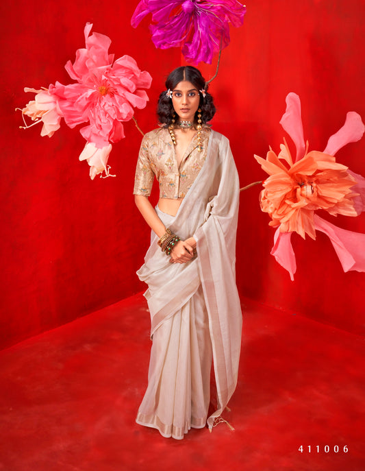 Pearl Silk Readymade/Easy Saree With Fancy Unstitched Blouse
