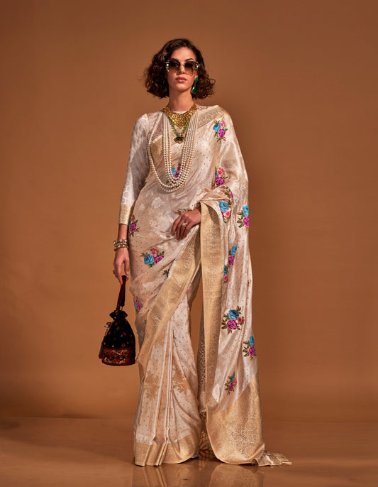 Cream Color Satin Silk Readymade/Easy Saree