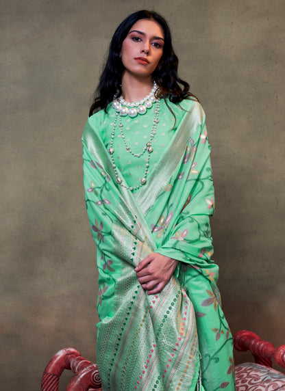 Green Spun Silk Readymade/Easy Saree