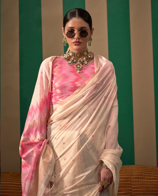 Off White Color Spun Silk Readymade/Easy Saree