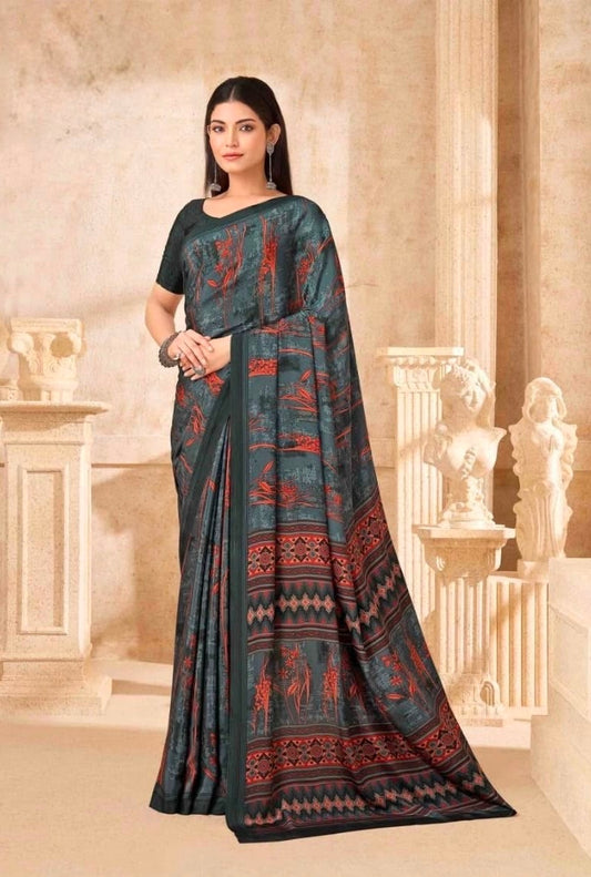 Ready-to-wear saree with dark base and red printed border, short-sleeve blouse