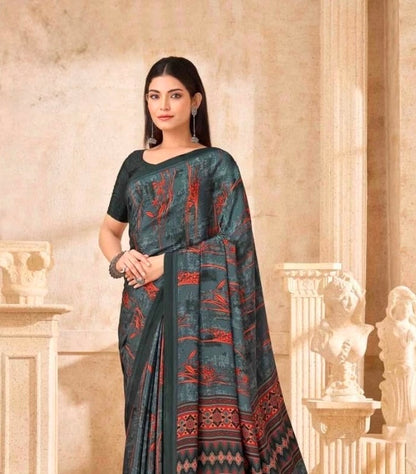 Dark Grey & Red Crepe Silk Ready To Wear/Easy Saree by Stylebypanaash 