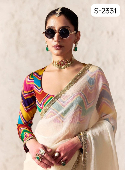 Off White Fancy Tissue Silk Ready to wear/Easy Saree - Panaash Saree