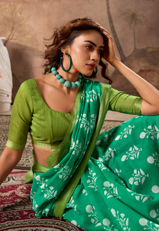 Green Color Mul Mul Cotton Easy/Readymade Saree