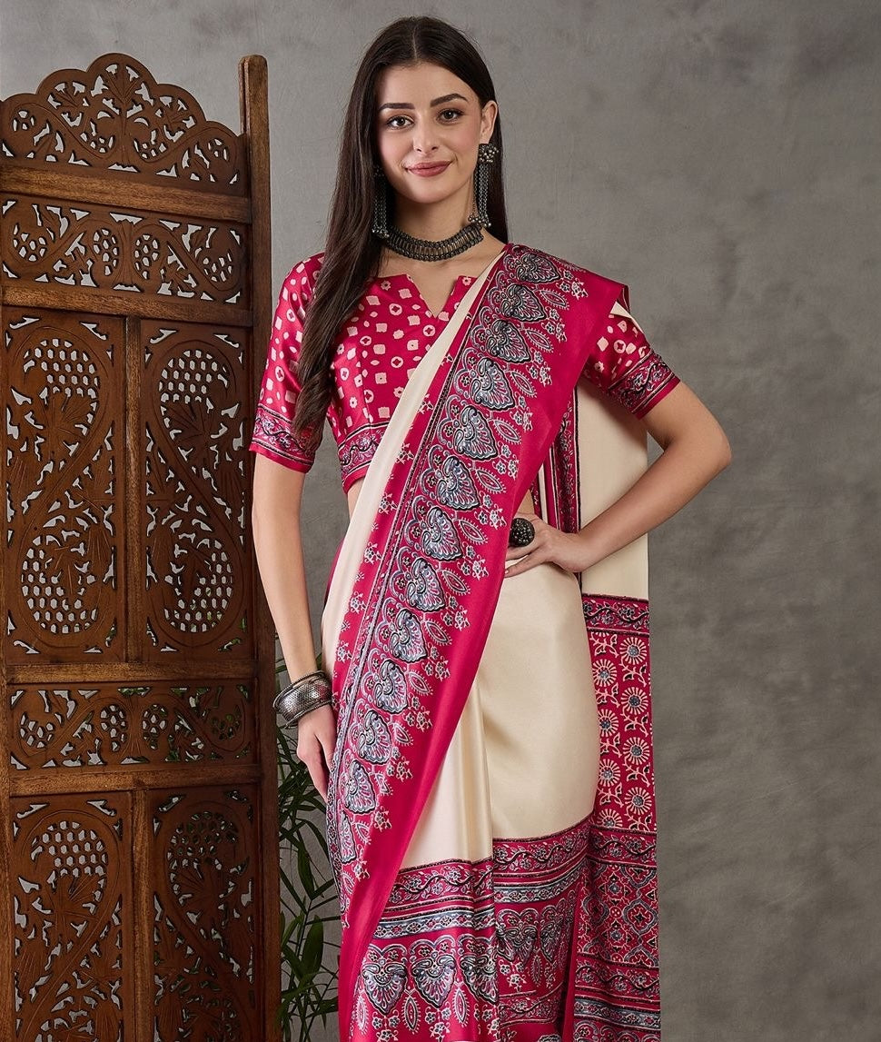 Cream & Red Crepe Silk Normal Drape Saree - Panaash Saree