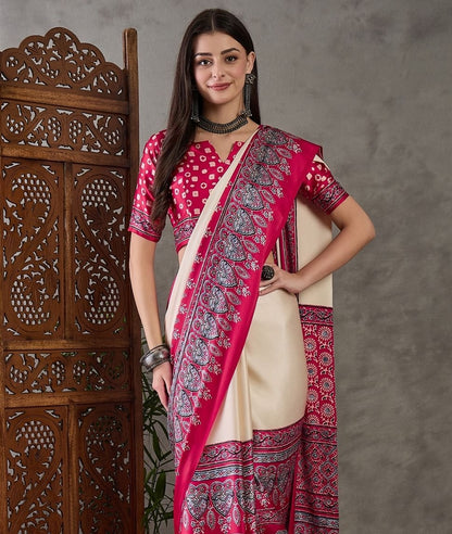 Cream & Red Crepe Silk Normal Drape Saree - Panaash Saree