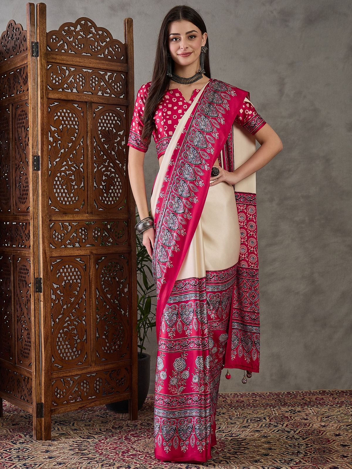 Cream & Red Crepe Silk Normal Drape Saree - Panaash Saree
